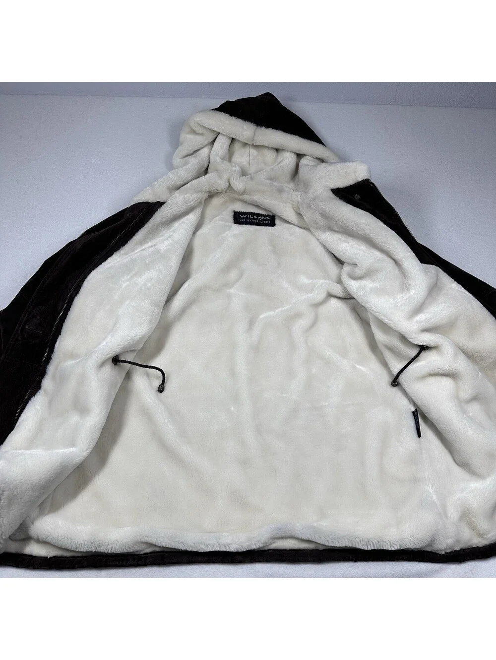 Wilsons VTG 80's Women Dark Brown Suede Shearling Lined Hooded Winter Coat SZ XL